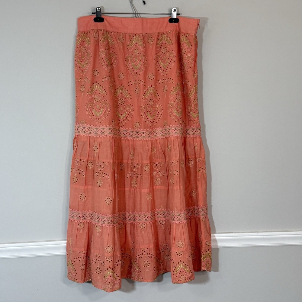 Boston Proper Coral Metallic Embroidered Eyelet Coquette Boho Resort Maxi XL - Picture 3 of 13